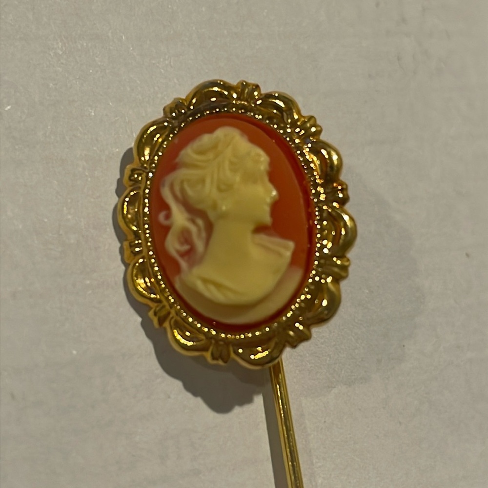 Vintage cameo stick pin - Victorian style with red and white tones